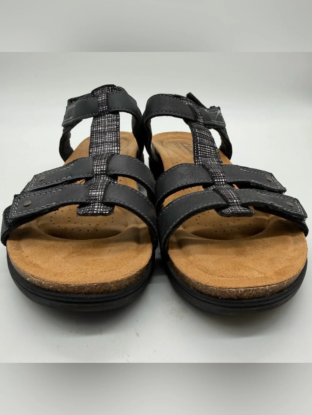 Clarks April Cove Flat Sandals Women 7.5 Black Leather Hook & Loop Comfort Boho